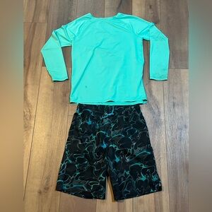 Kids All in Motion Teal Rash Guard Top and Black Patterned Shorts